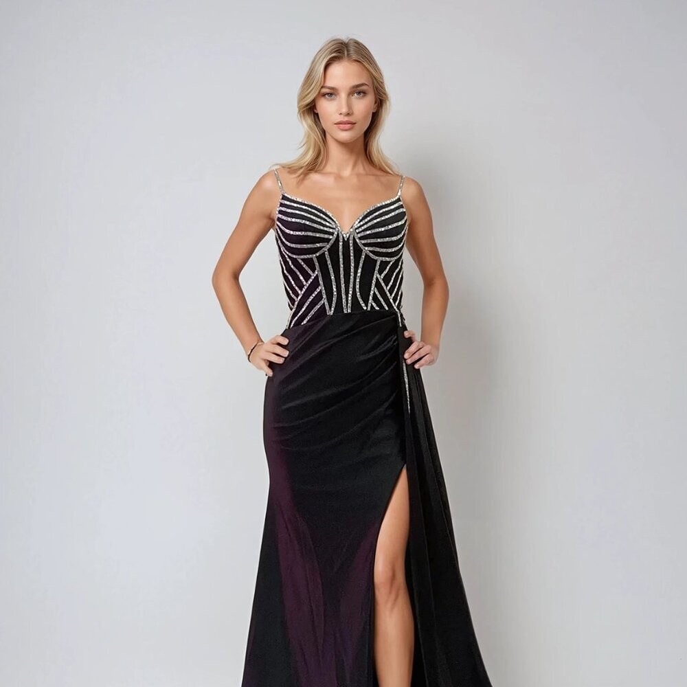 New Formal Sheath Sleeveless Rhinestones Embellished Prom Satin Dress JT2524L